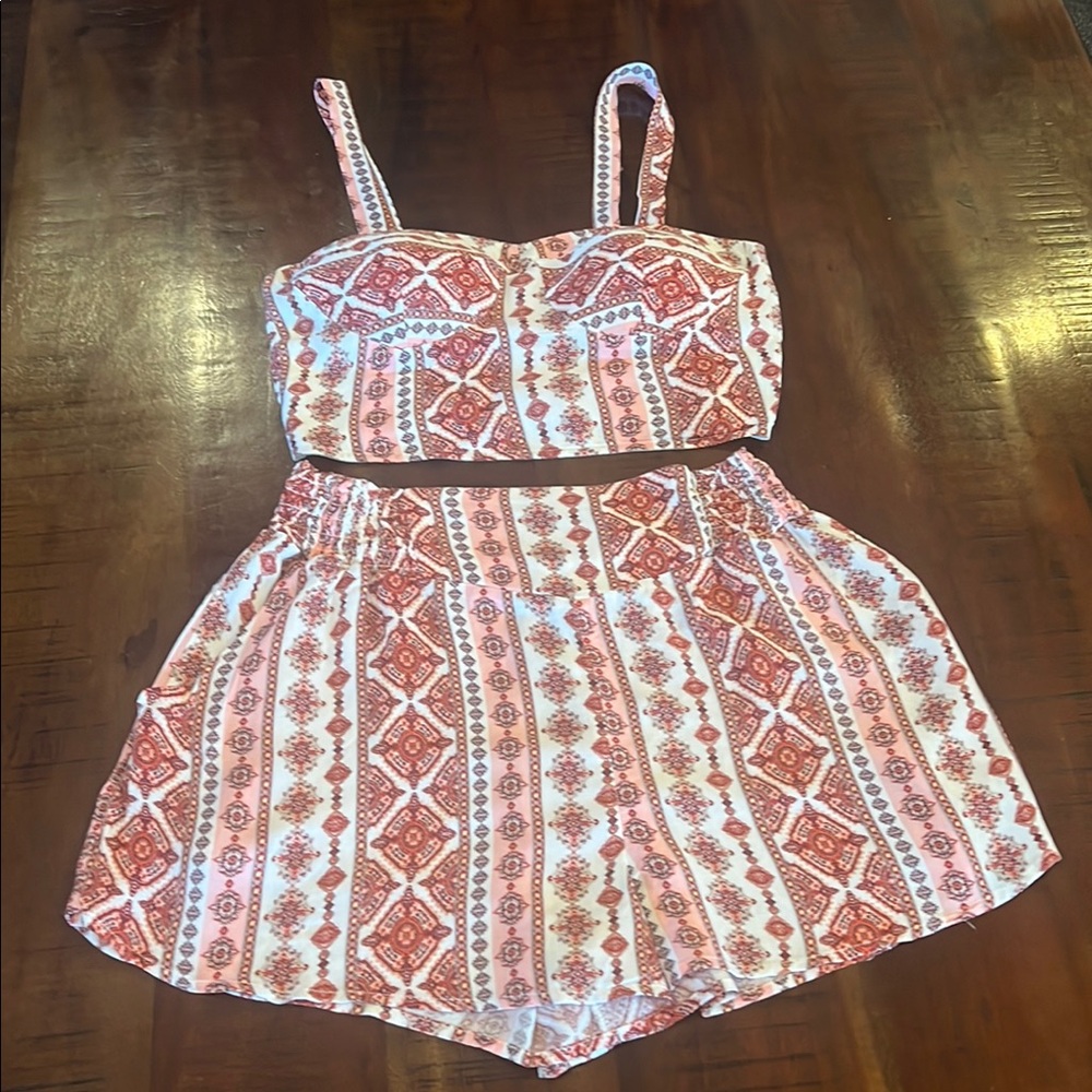 Trendy Boho Two-Piece Set in Red, Pink and White